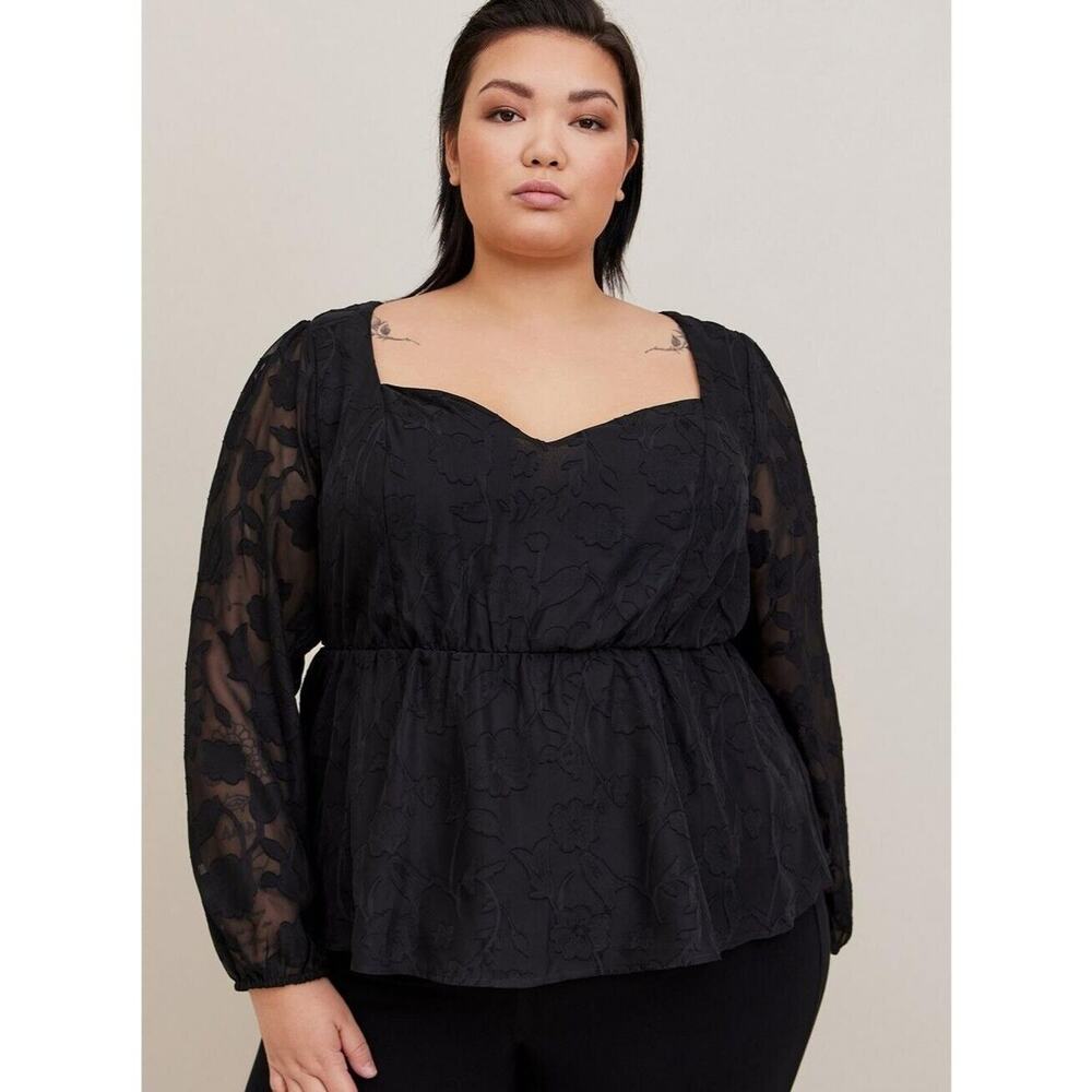 Torrid Shirt womens 1X Black Peplum Chiffon Clip Floral Puff Sleeve Classic Top